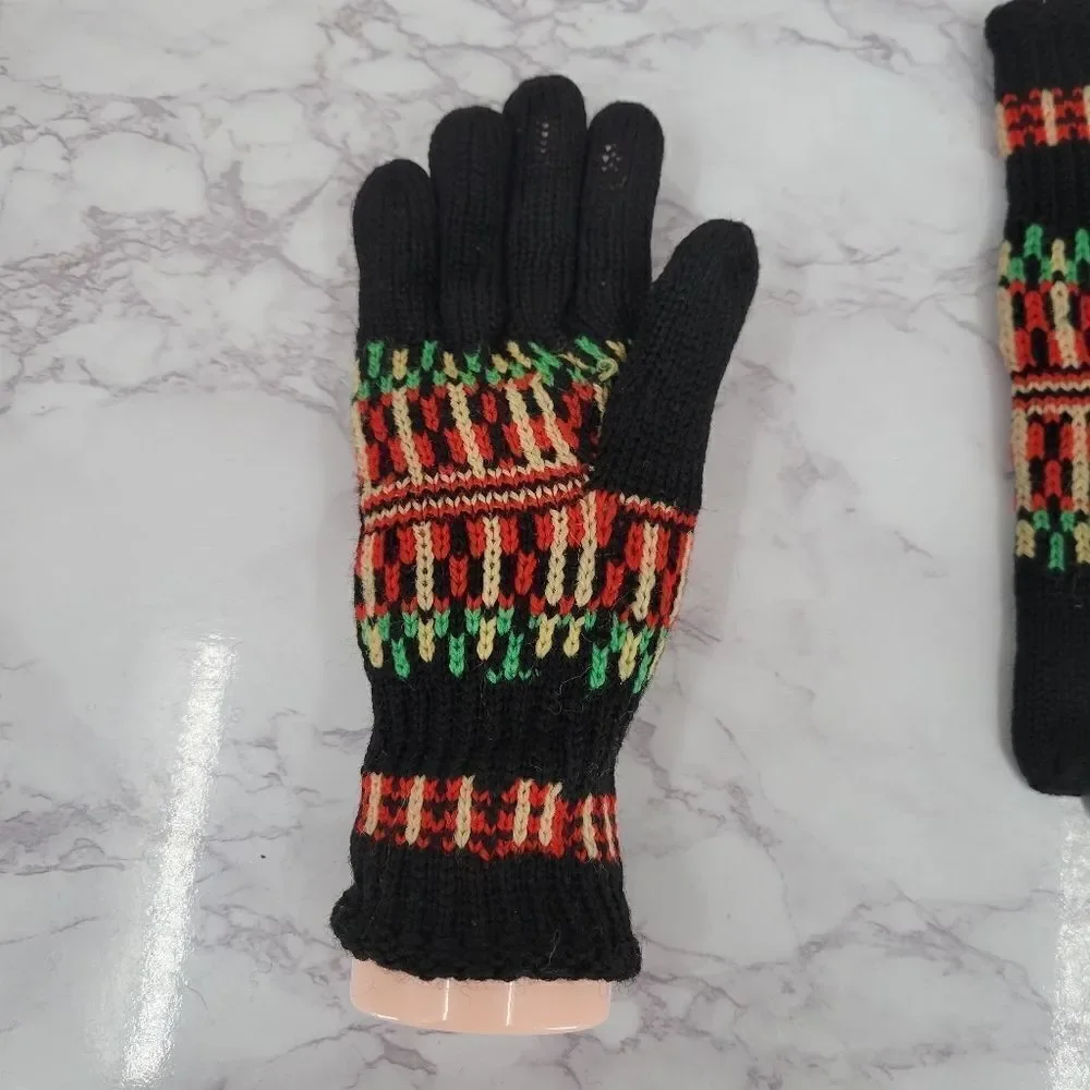 Vintage Handknit Gloves Black with Green Red Cream Nordic Fair Isle Designs
